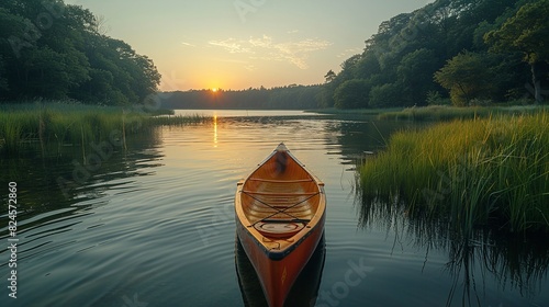 Environmental conservation concept, A kayak floating on a clean lake, symbolizing recreational enjoyment of protected natural areas. Realistic Photo,