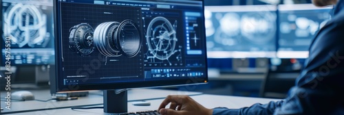 Close-up of desktop computer monitor screen with 3D CAD software with prototype jet engine project. Specialist discussing work, hand visible in front of the screen.