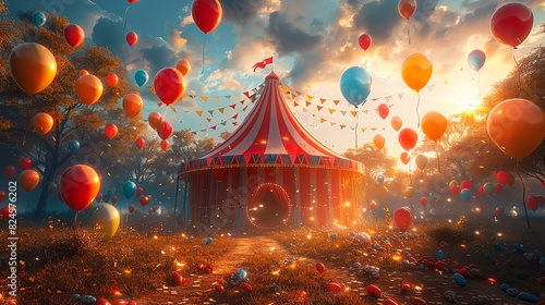 Colorful balloons floating around a vibrant circus tent at sunset, creating a magical, festive atmosphere filled with joy and wonder.