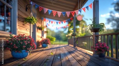Cozy wooden porch decorated with colorful bunting, potted flowers, and plants basking in warm, golden sunlight, creating a serene outdoor scene.