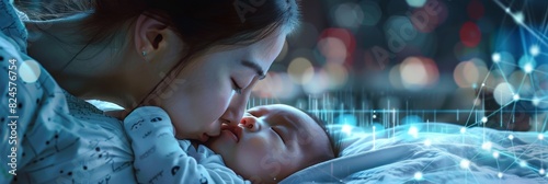 Portrait of an affectionate Asian mother leaning down to kiss her sleeping baby, thankful for the blessings of having a beautiful child.