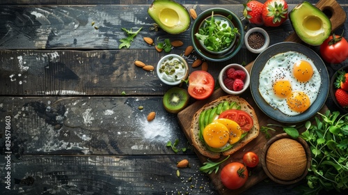 A beautiful breakfast spread with avocado toast, poached eggs, and a fresh fruit smoothie, placed on a rustic wooden table
