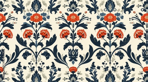 This seamless pattern features a decorative Mughal motif in a modern color scheme