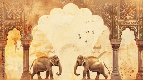 Decorative Mughal arch with elephant illustration for wedding invitations