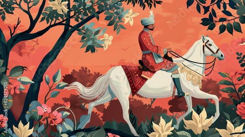A Mughal emperor riding on his horse in a garden modern illustration pattern