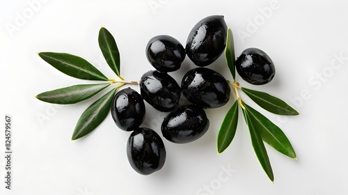 Fresh black olives with green leaves. Minimalistic food photography. Ideal for culinary blogs and healthy eating concepts. Generative illustration. AI
