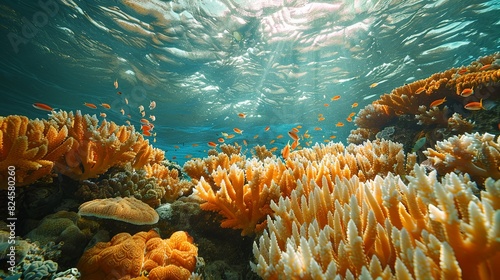Environmental conservation concept, A thriving coral reef teeming with marine life, representing the need to protect ocean habitats from pollution and climate change. Realistic Photo,