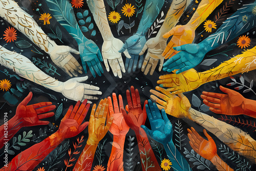 Image of hands forming a circle, reaching across racial divides in solidarity on Juneteenth, creative illustration.