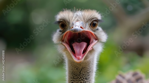 closeup of an ostrich open the mouth.