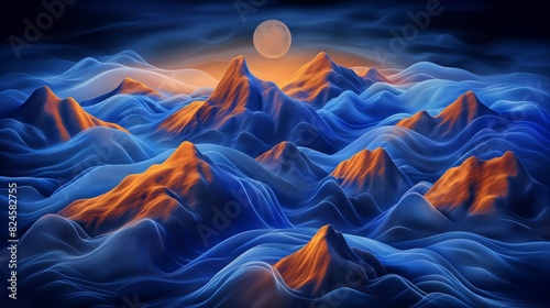 Serene abstract mountains under a full moon, with blue and orange gradients creating a calming and mesmerizing landscape.