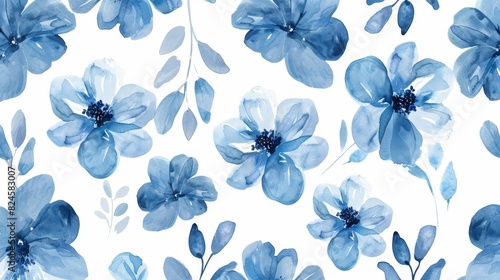 An elegant blue watercolor flower pattern with a transparent background in PNG format