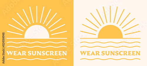 Wear sunscreen reminder sun spf protection lettering boho retro yellow aesthetic. Ocean beach skin care minimalist logo illustration text for dermatologist shirt design clothing and print vector.