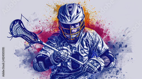 A lacrosse player is holding a lacrosse stick and wearing a helmet