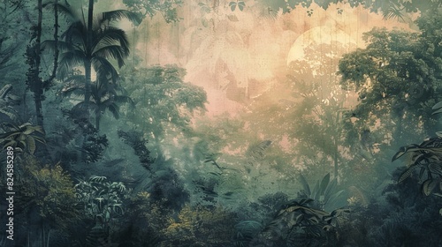 This illustration depicts a lush forest scene in a vintage style with a subtle grainy texture