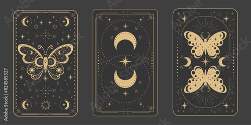 Tarot reverce border magic sacred cover card frame gold line border celelstial mystery esoteric decoration with moth stars and moon on dark background.