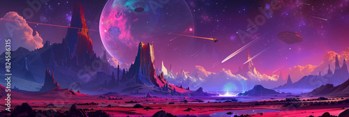 a brightly colored landscape with planets and stars in the sky