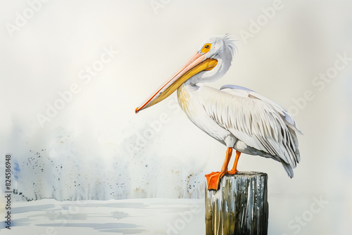 painting of a pelican sitting on a post in the water