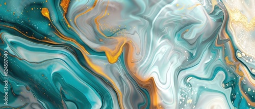 A fluid art-inspired background with swirling motions of turquoise, gold, and white. The colors blend and separate in a hypnotic dance.