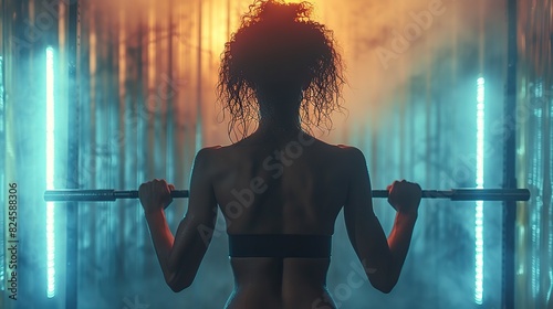 black woman back with weightlifting and fitness barbell in gym and strong bodybuilder with muscle training sport workout and bodybuilding female athlete in exercise studio with illustration photo