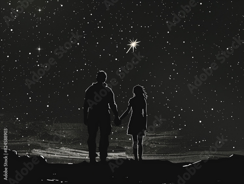starry night sky with couple holding hands and looking at the stars