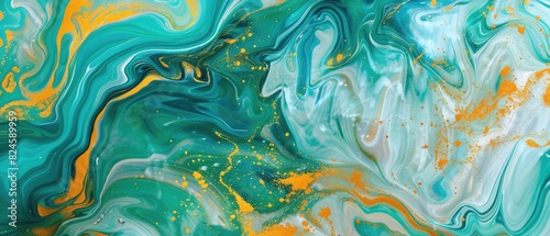A fluid art-inspired background with swirling motions of turquoise, gold, and white. The colors blend and separate in a hypnotic dance.