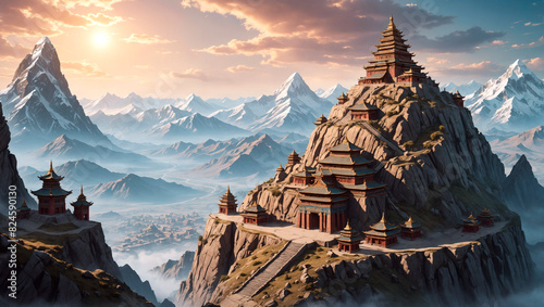 Ancient Mongolian empire in Himalayan valley, temple citadel on top of a mountain peak, asian architecture, epic scenery, high detail, fantasy illustration