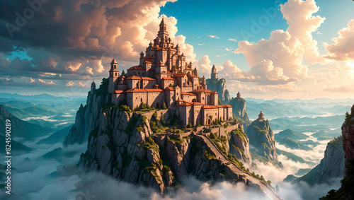Ancient monstery on top of a mountain, old European architecture, epic view above the clouds, long stairs lead to a holy city, high detail, fantasy illustration