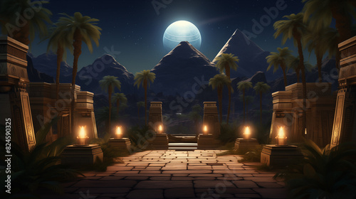 there is a stone pathway with palm trees and a mountain in the background