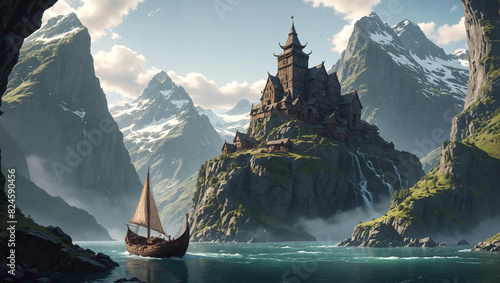 Viking city on top of a hill in Norwegian fjord, longship sails in the water, wooden stronghold city, Norse mythology, epic scenery, high detail, fantasy illustration