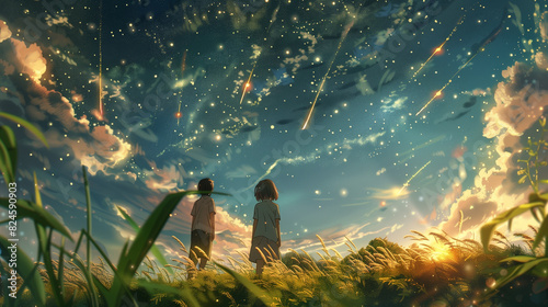 anime scene of two people looking at shooting stars in the sky