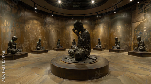 there are many statues in a room with a circular floor