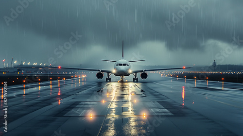 there is a plane that is on the runway in the rain
