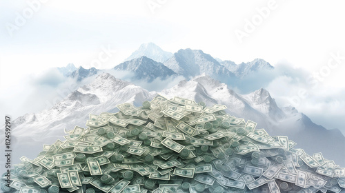 there is a large pile of money sitting on top of a mountain
