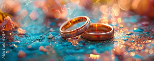 Two wedding rings placed on a glittering blue surface surrounded by soft pink lights, symbolizing love and commitment.