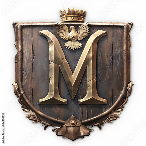 arafed wooden sign with a gold letter m and a crown
