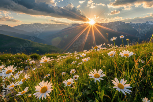 Sunset over the mountains, with daisies blooming on grassy slopes. Created with Ai