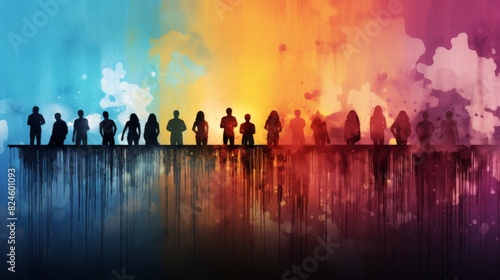 Colorful watercolor silhouettes of a row of people with a splash effect and vibrant hues.