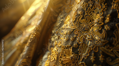 a close up of a gold and black dress with a sun shining through it