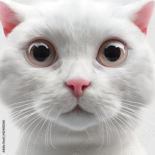 there is a white cat with big eyes and a pink nose