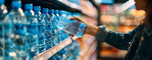 Woman hand taking plastic water bottle from shelf in supermarket.