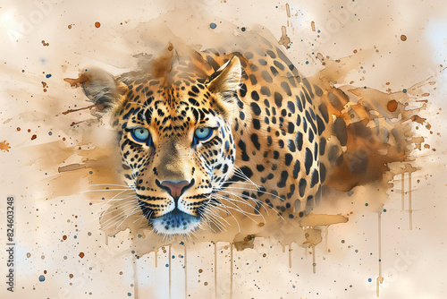 painting of a leopard with a blue eye and a brown spot