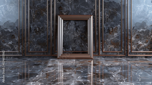 Minimalist gallery with a 3D empty frame on a refined Laurent Brown marble floor.