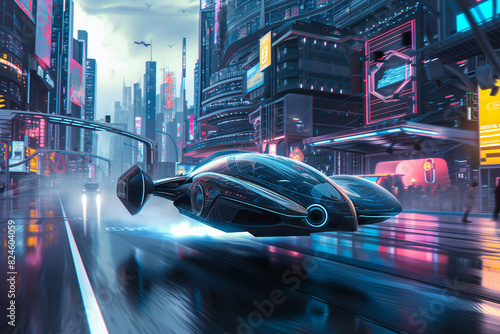 futuristic city scene with futuristic car in motion on rainy day