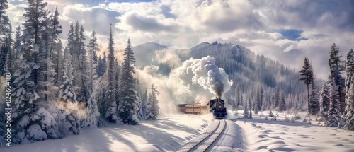 A steam train chugs through a snowy mountain pass, billowing clouds of smoke into the crisp air. Pine trees, dusted with snow, line the track, a picturesque winter scene