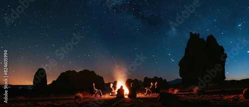 Under a vast night sky filled with stars, a campfire crackles in a secluded desert. Silhouetted figures sit around the fire, sharing stories
