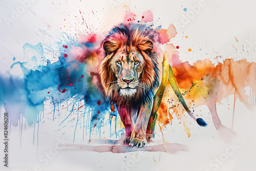 painting of a lion with colorful spots on its face