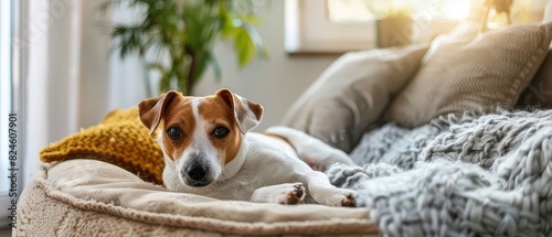 A cozy, upscale hotel room with pet amenities, including a comfy pet bed, toys, and treats, highlighting a welcoming environment for pets