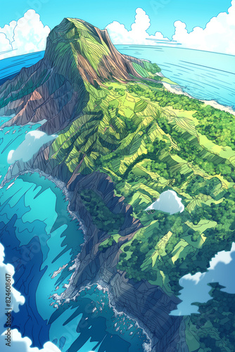 cartoon illustration of a mountain with a green island in the middle