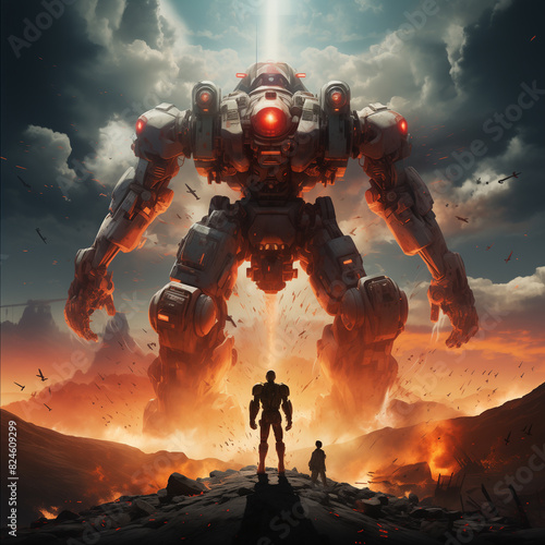 arafed image of a man standing on a hill with a giant robot in the background
