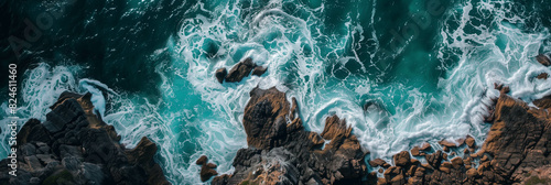 An aerial view of a coastline with foamy waves crashing against rocky cliffs, reminiscent of a rugged paradise. Ai generated